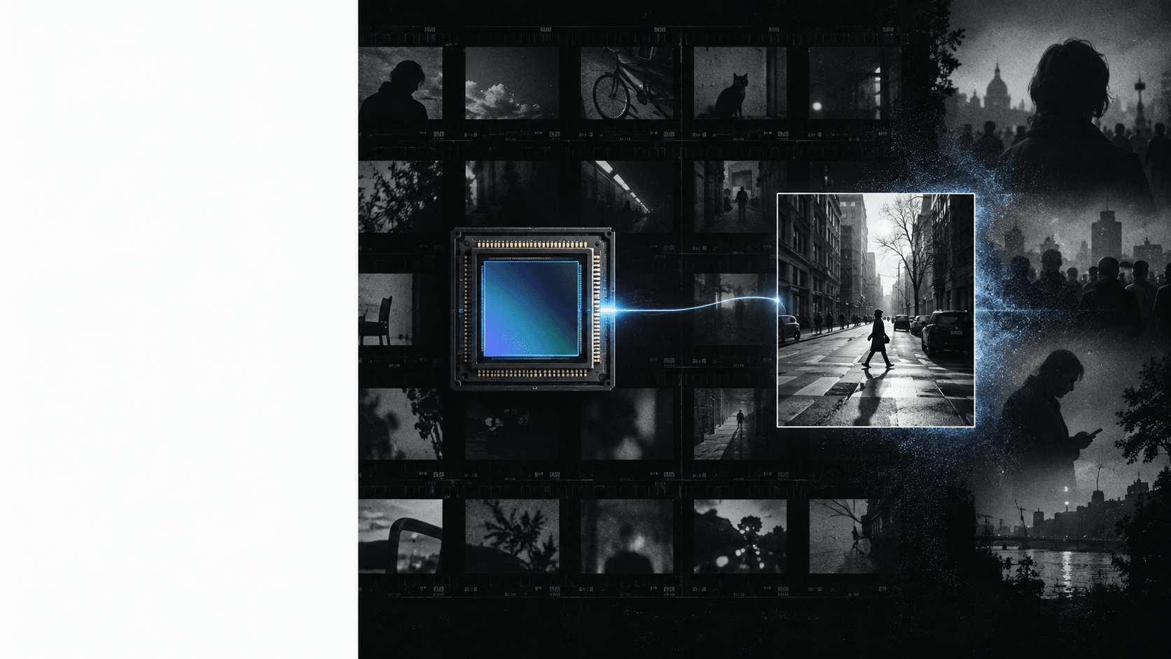 Conceptual illustration of a signed camera sensor frame surrounded by unanswered context.