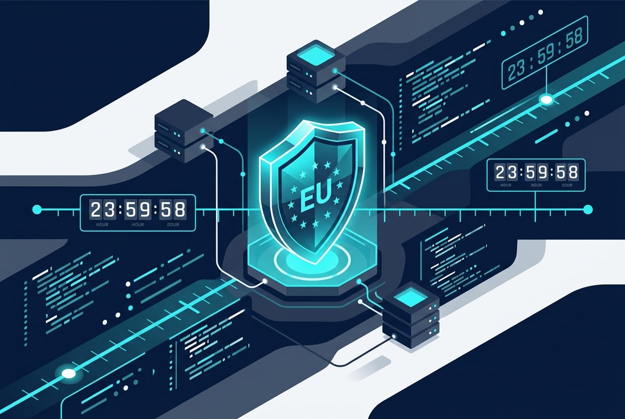 Minimalist high-tech editorial illustration representing the European Union Cyber Resilience Act and software security compliance with a digital shield and 24-hour countdown clock.