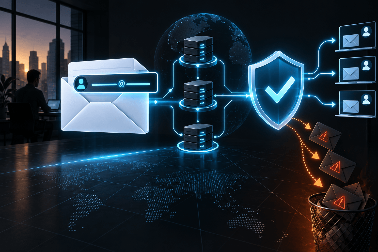 Original editorial illustration of a business email domain protected by aligned sender verification.