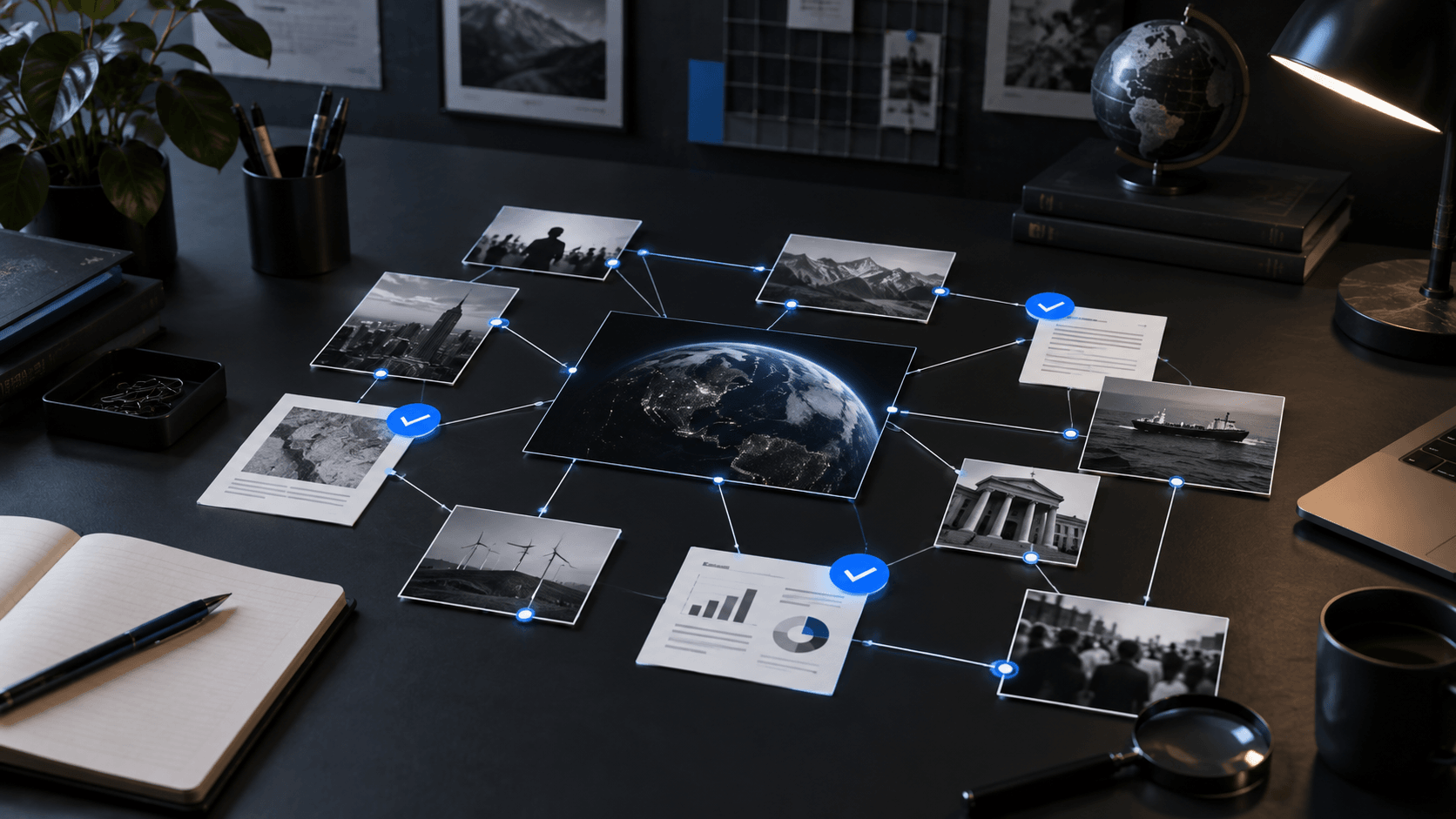 An editorial illustration of a connected fact map at a web studio desk.