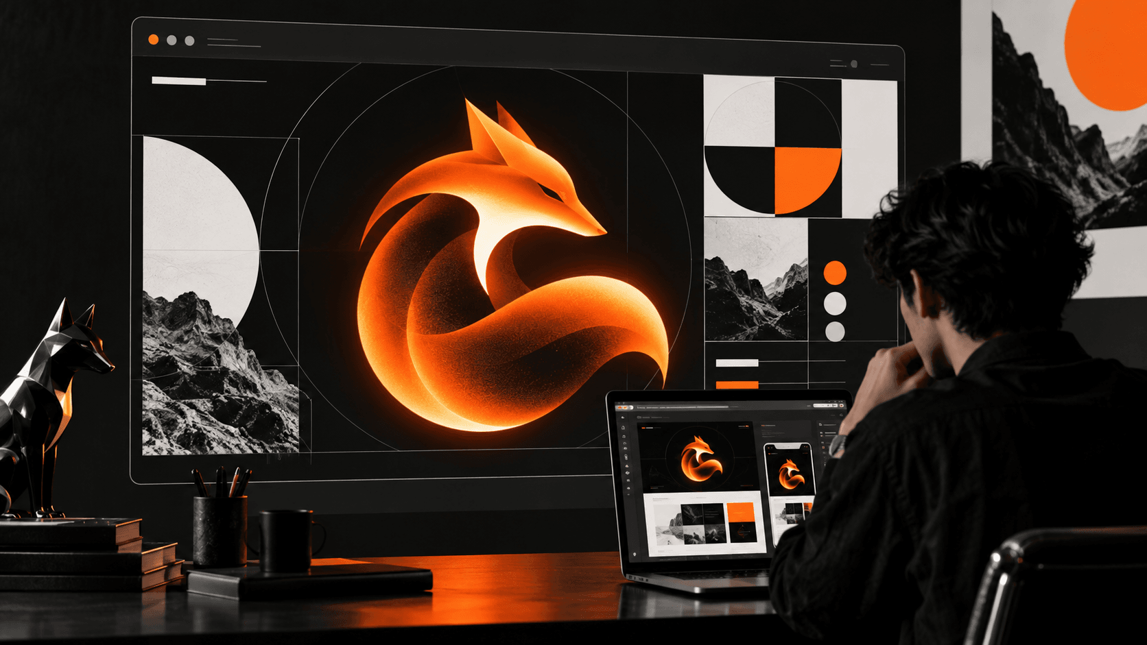 Illustration of a developer reviewing responsive browser layouts beside an abstract orange fox motif.