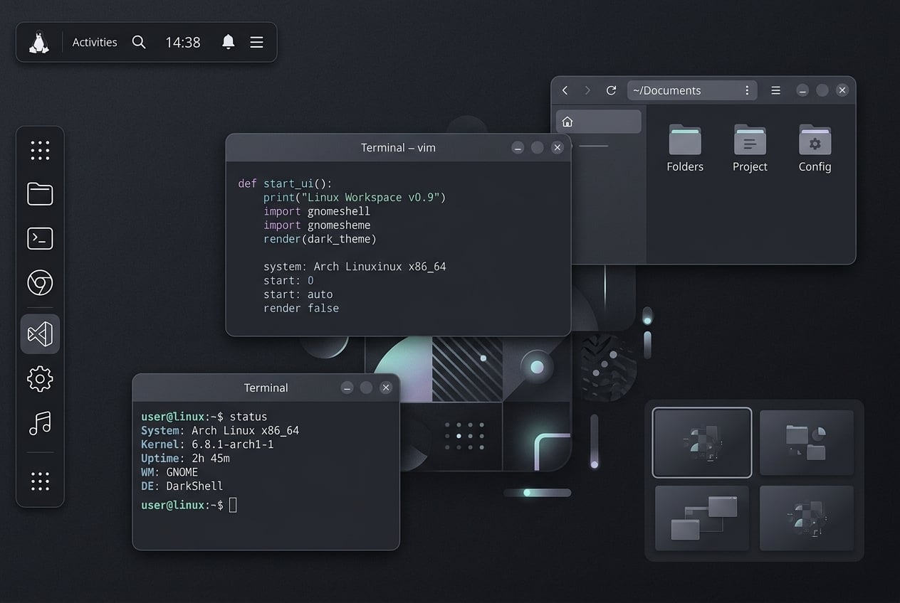 Minimalist editorial dark-themed illustration of a modern Linux desktop environment interface with clean geometric panels and typography.