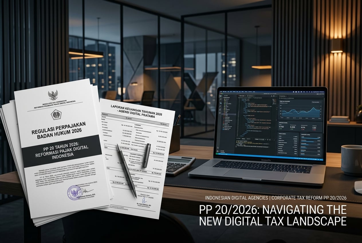 Minimalist editorial graphic illustrating modern digital agency workspace with financial balance sheets and Indonesian tax reform documents.