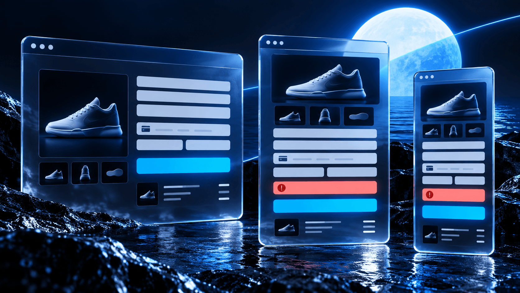 Abstract browser panels showing one checkout flow behaving differently across browser engines.