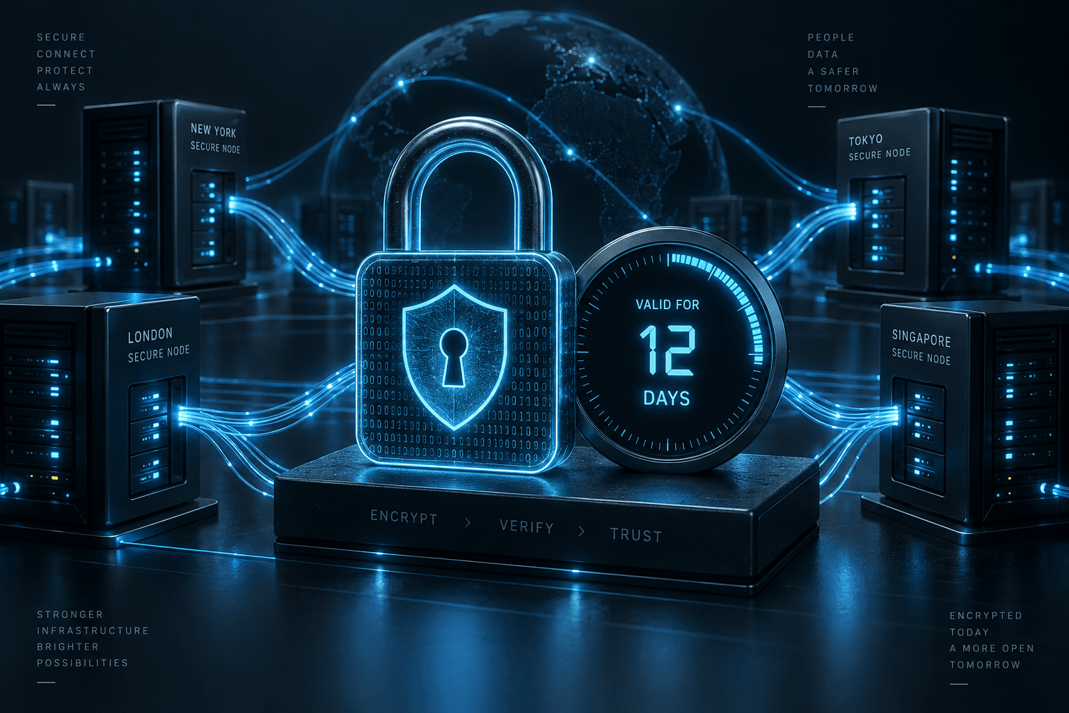 Editorial conceptual illustration of a glowing cryptographic padlock and an automated clock showing decreasing certificate validity days.
