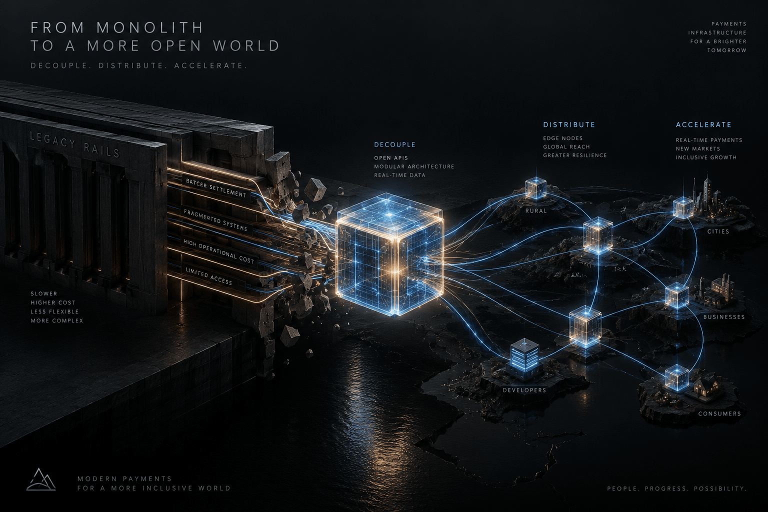 Minimalist dark editorial illustration showing a glowing network cube decoupling from monolithic rails into a high-speed distributed edge mesh