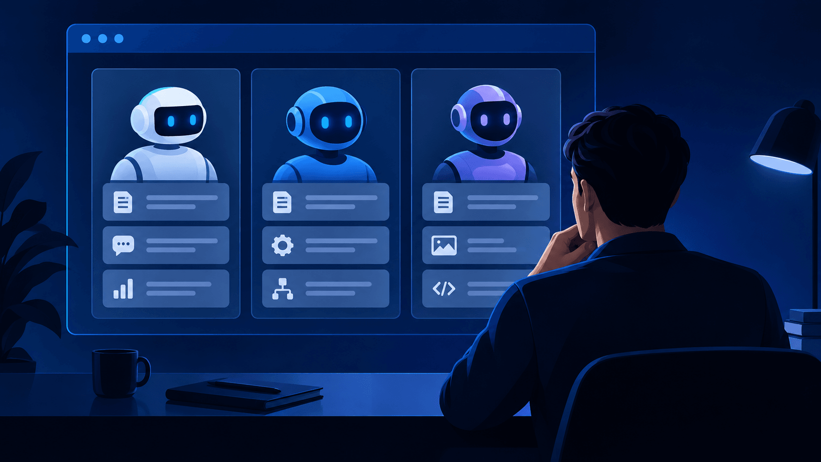 Original illustration of a person reviewing named agent tools in a browser window