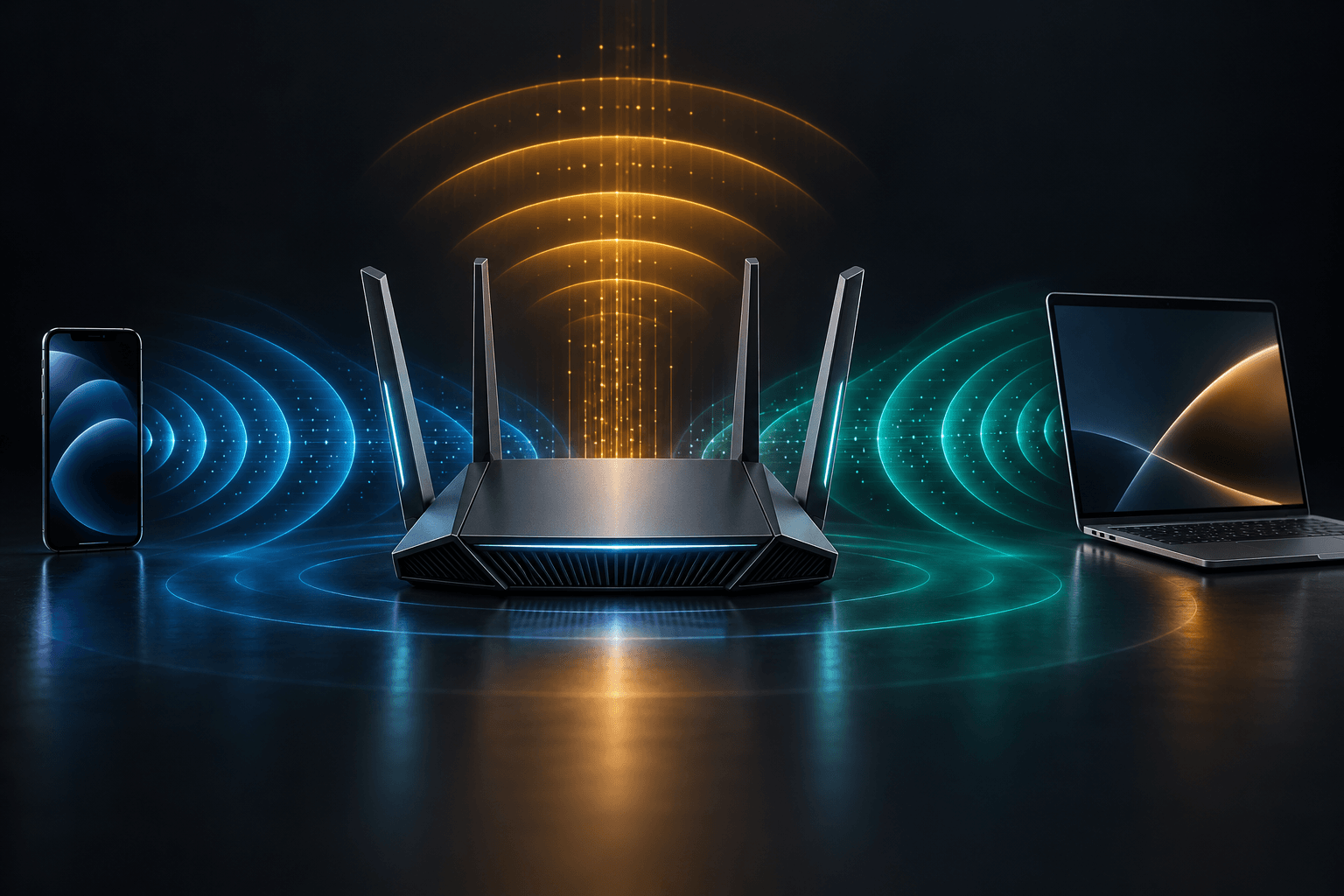 Architectural illustration of a Wi-Fi 7 router negotiating multi-band radio links with a mobile client